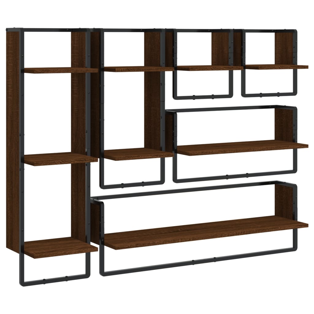 Set of wall shelves with bars 6 pcs brown oak