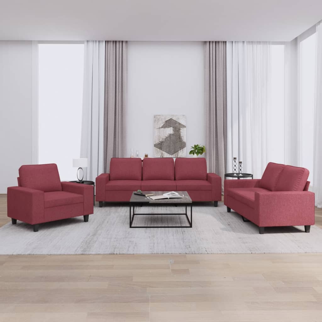 Set of 3 pcs Red Bordeaux fabric sofas