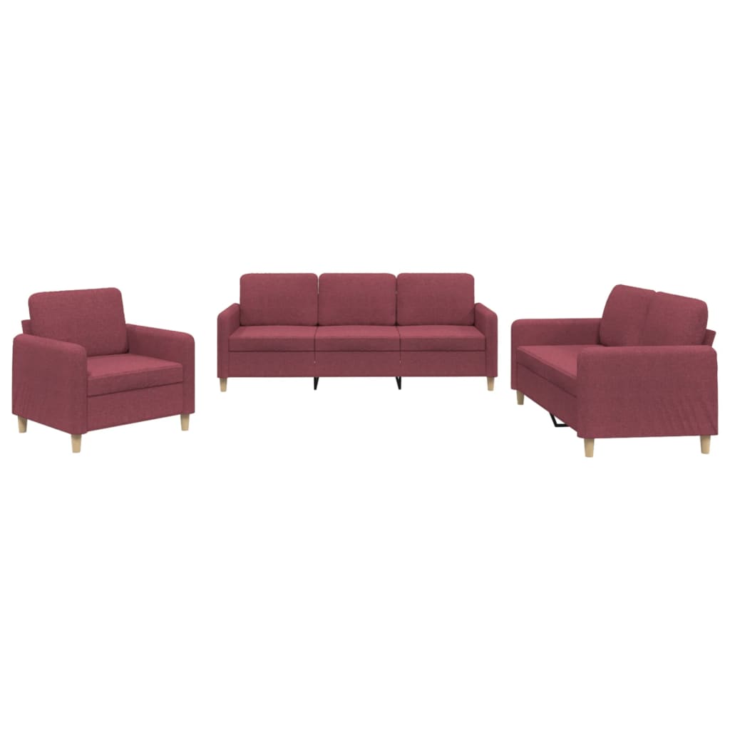 Set von 3 PC -Sofas mit roten Kissen Bordeaux Stoff