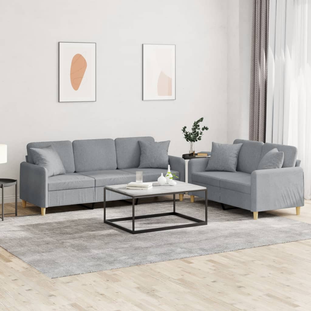Set divano 2 pezzi con cuscini in tessuto grigio chiaro