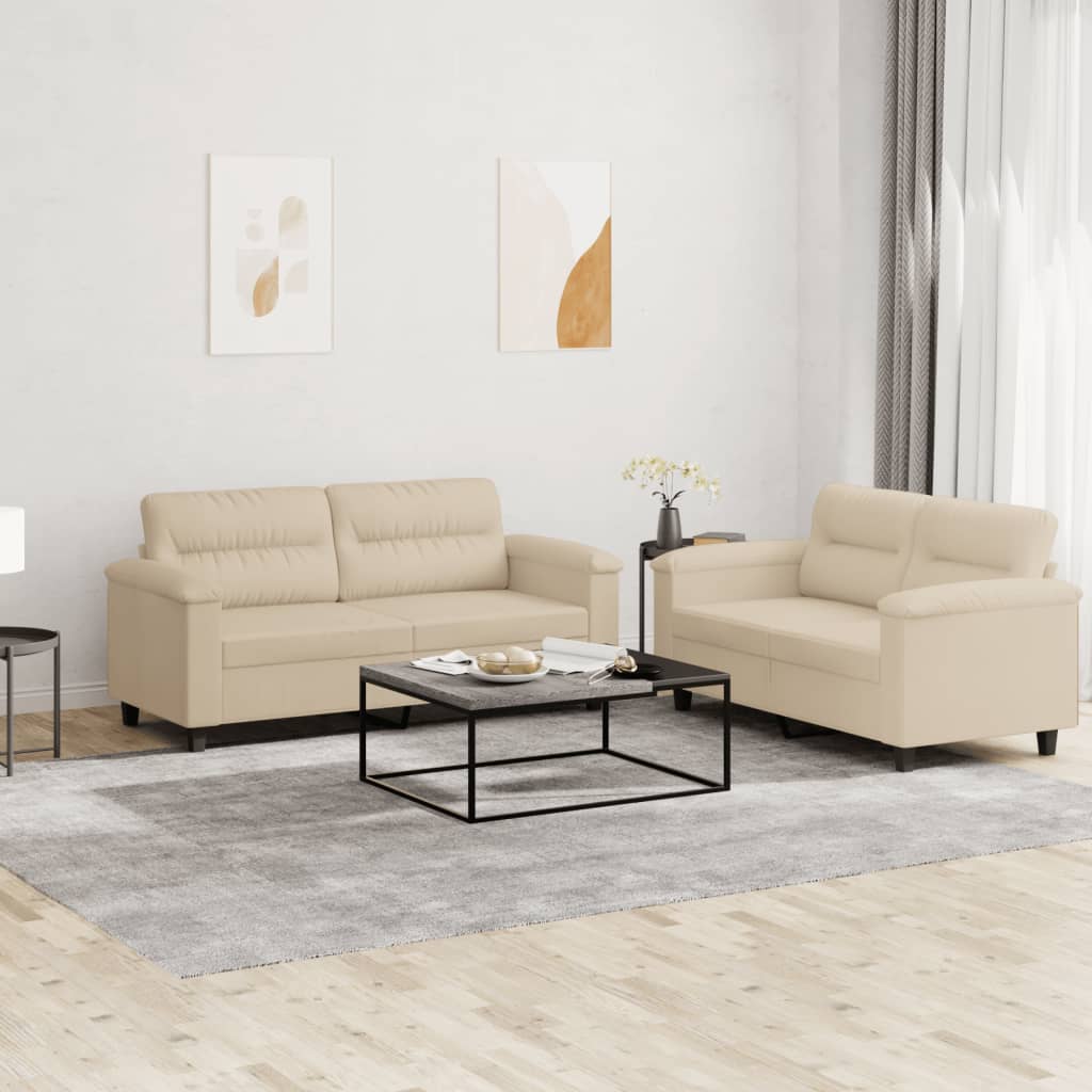 Set of 2 pcs sofa with microfiber fabric cream cushions