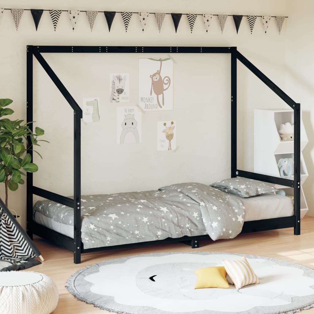 Black children's bed frame 90x200 cm Solid pine wood