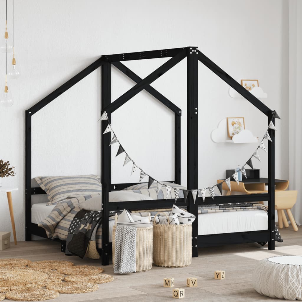 Bed frame for black children 2x (70x140) cm solid pine wood