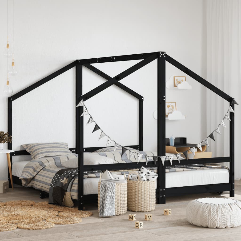 Black children's bed frame 2x (90x190) cm solid pine wood