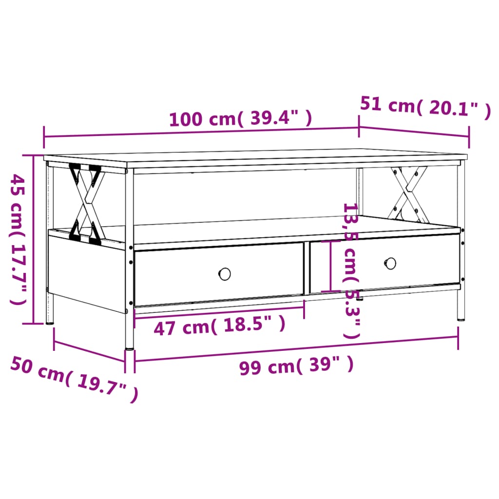 Tavolino in quercia affumicata 100x51x45 cm ingegneria