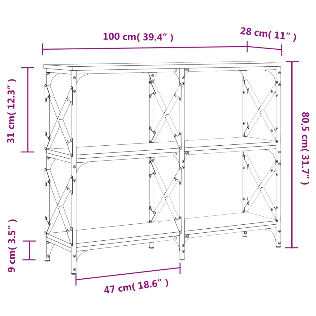 Table console chêne sonoma 100x28x80,5 cm bois d'ingénierie