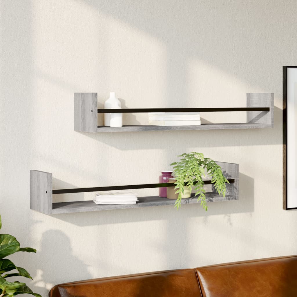 Wall shelves with bars 2 pcs Sonoma gray 80x16x14 cm