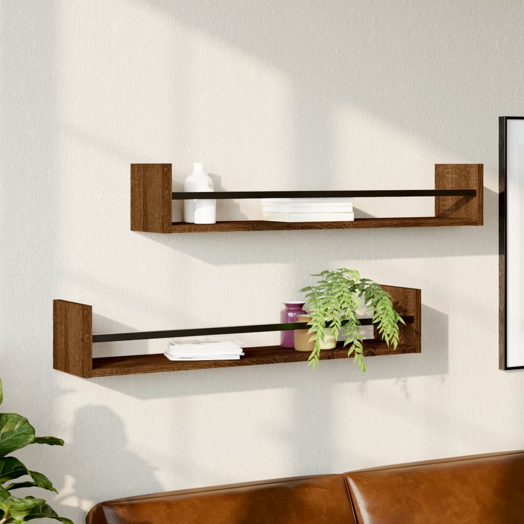 Wall shelves with bars 2 pcs brown oak 80x16x14 cm