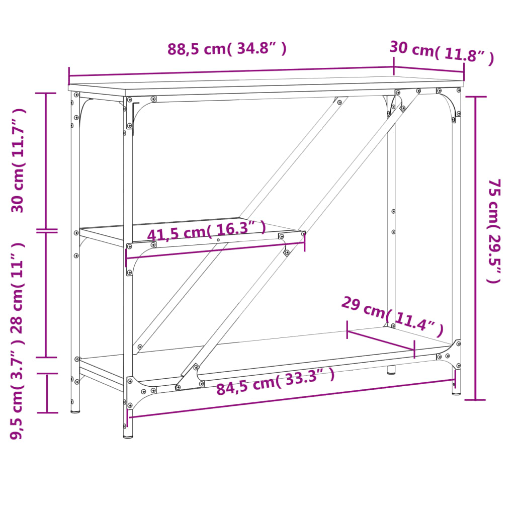 Table console sonoma gris 88,5x30x75 cm bois d'ingénierie