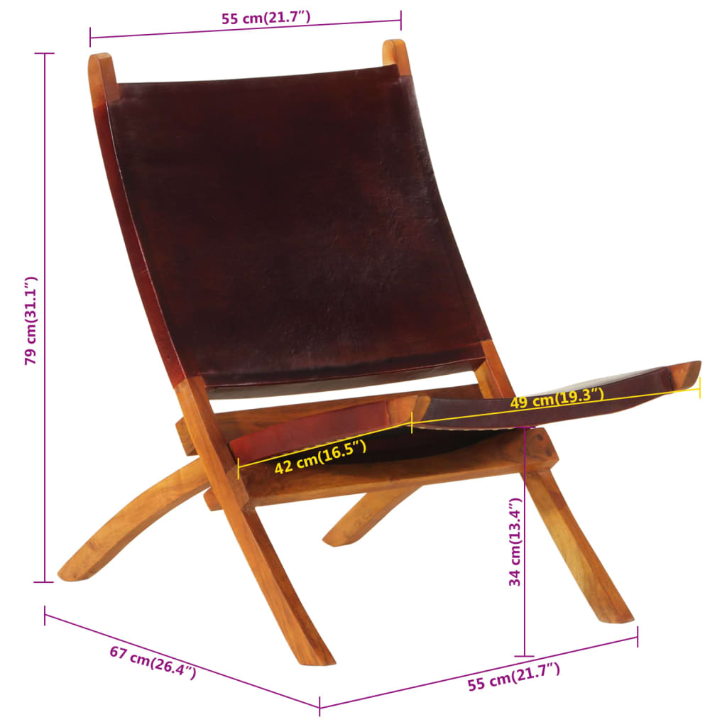 Chaise de relaxation pliable cuir véritable marron foncé