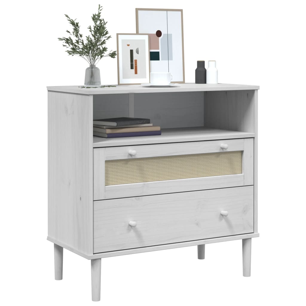 Credenza SENJA effetto rattan bianco 80x40x80 cm in legno di pino massiccio