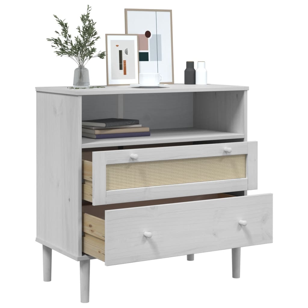 Credenza SENJA effetto rattan bianco 80x40x80 cm in legno di pino massiccio