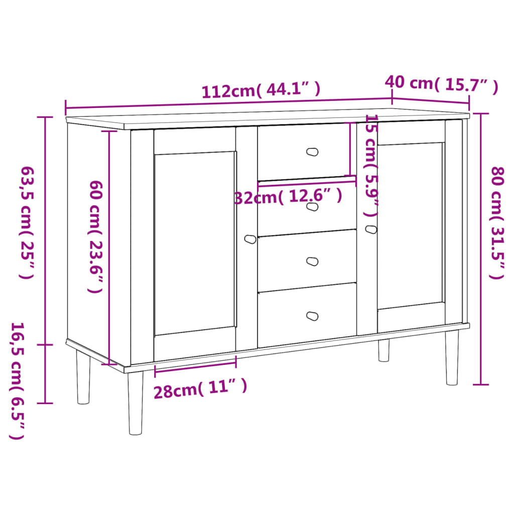 Buffet SENJA aspect rotin blanc 112x40x80cm bois massif de pin