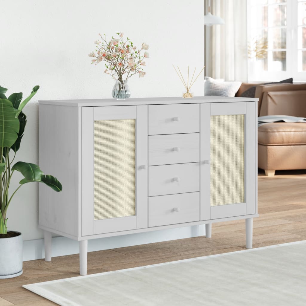 Credenza SENJA effetto rattan bianco 112x40x80 cm in legno di pino massiccio