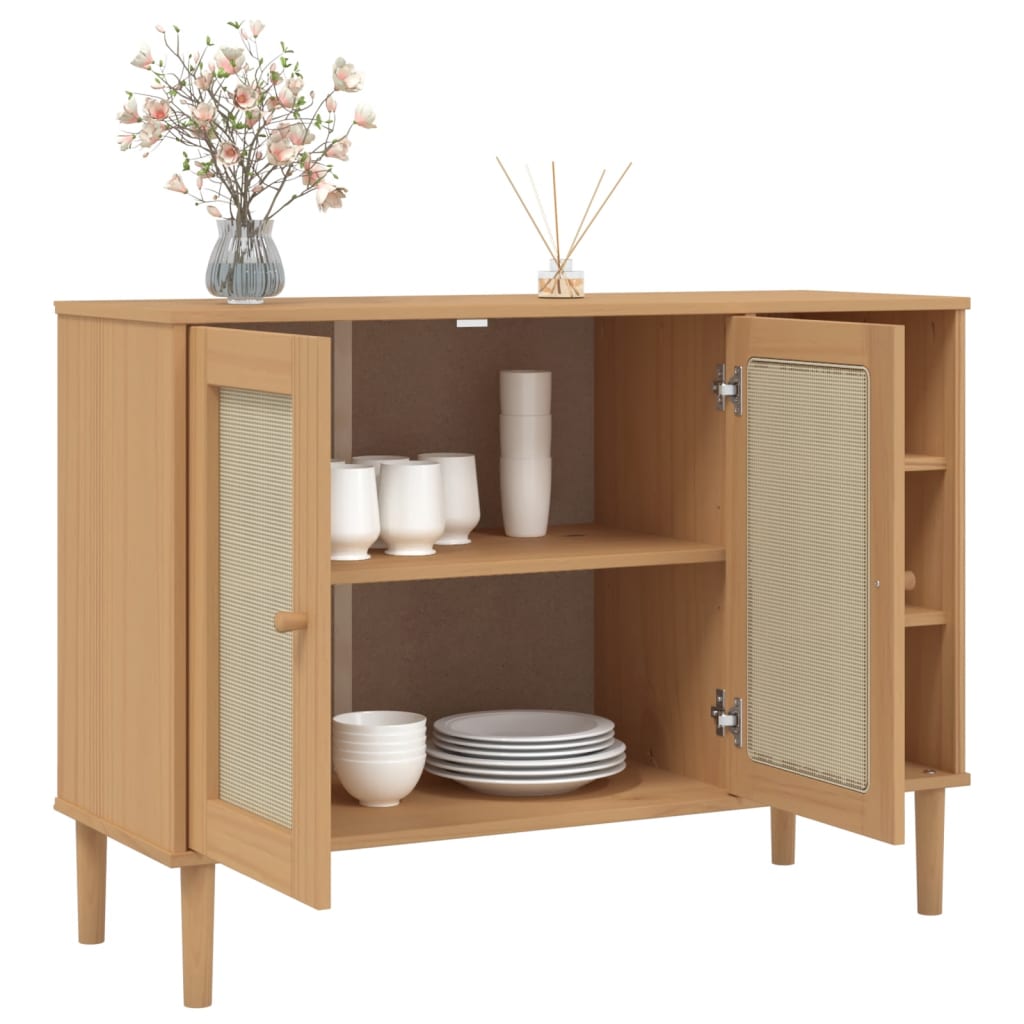 Buffet SENJA aspect rotin marron 112x40x80cm bois massif de pin