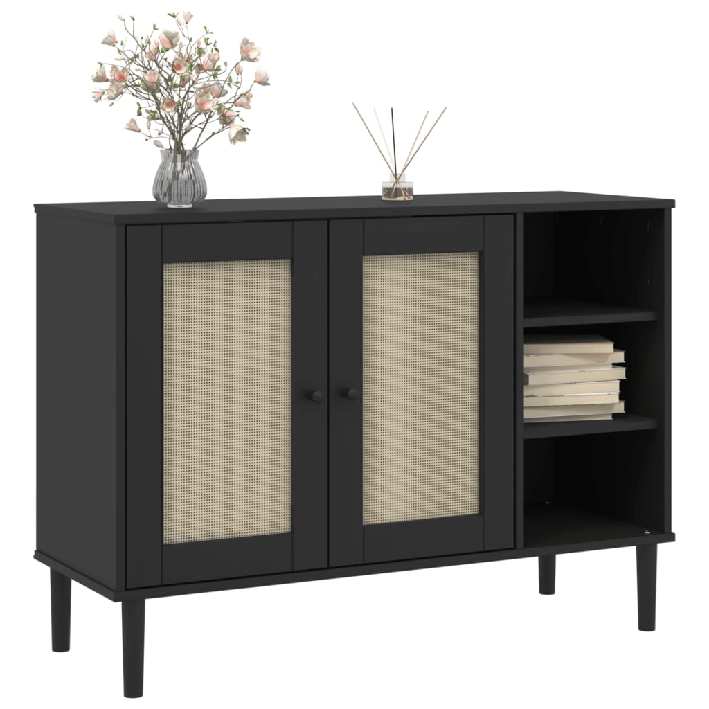 Credenza SENJA effetto rattan nero 112x40x80 cm in legno di pino massiccio