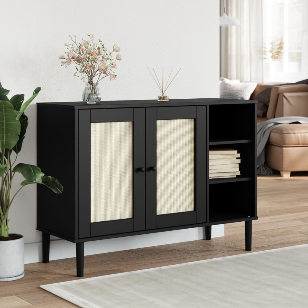 Credenza SENJA effetto rattan nero 112x40x80 cm in legno di pino massiccio