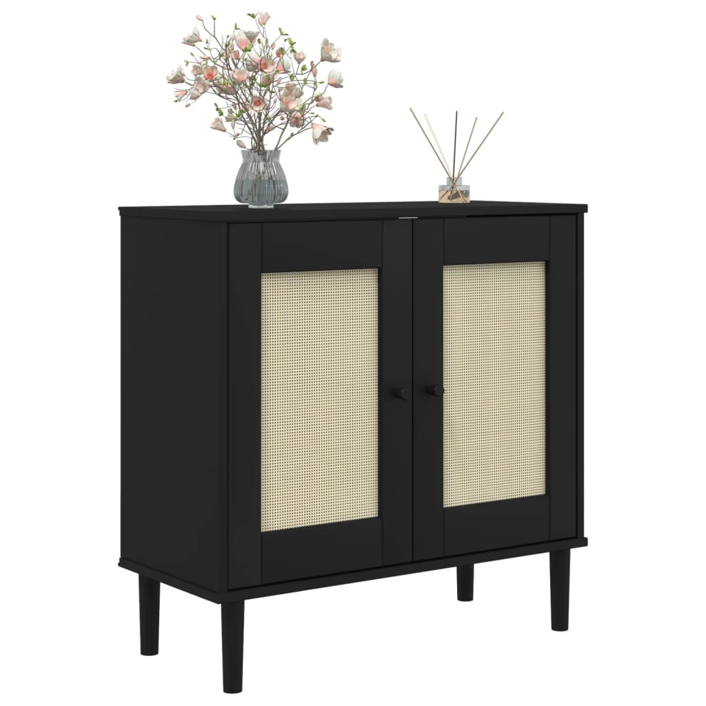 Credenza SENJA effetto rattan nero 80x35x80 cm in legno di pino massiccio