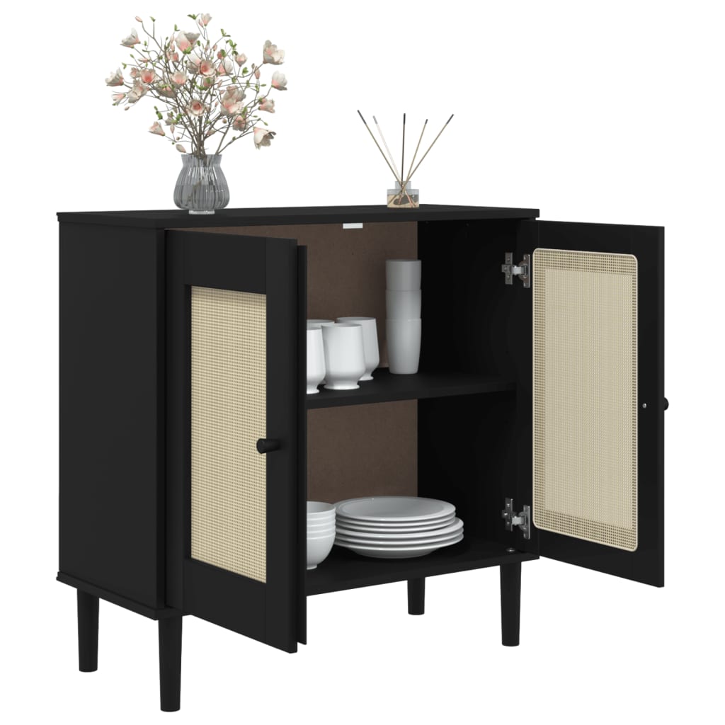 Credenza SENJA effetto rattan nero 80x35x80 cm in legno di pino massiccio