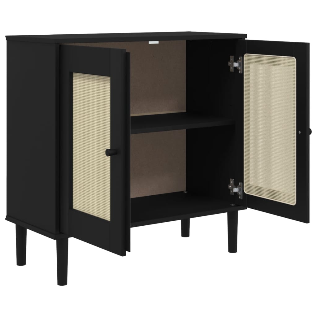 Buffet SENJA aspect rotin noir 80x35x80 cm bois massif de pin