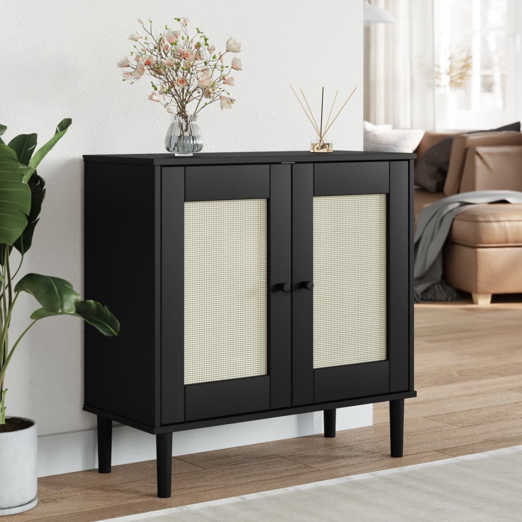 Credenza SENJA effetto rattan nero 80x35x80 cm in legno di pino massiccio