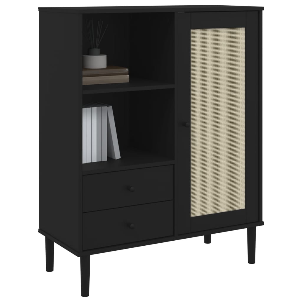 Buffet SENJA aspect rotin noir 90x40x112cm bois massif de pin