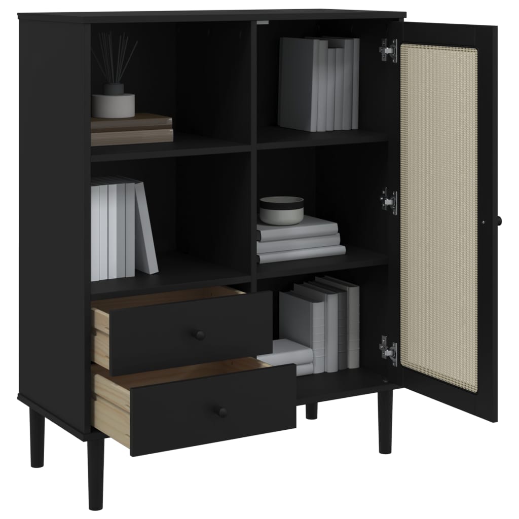 Buffet SENJA aspect rotin noir 90x40x112cm bois massif de pin