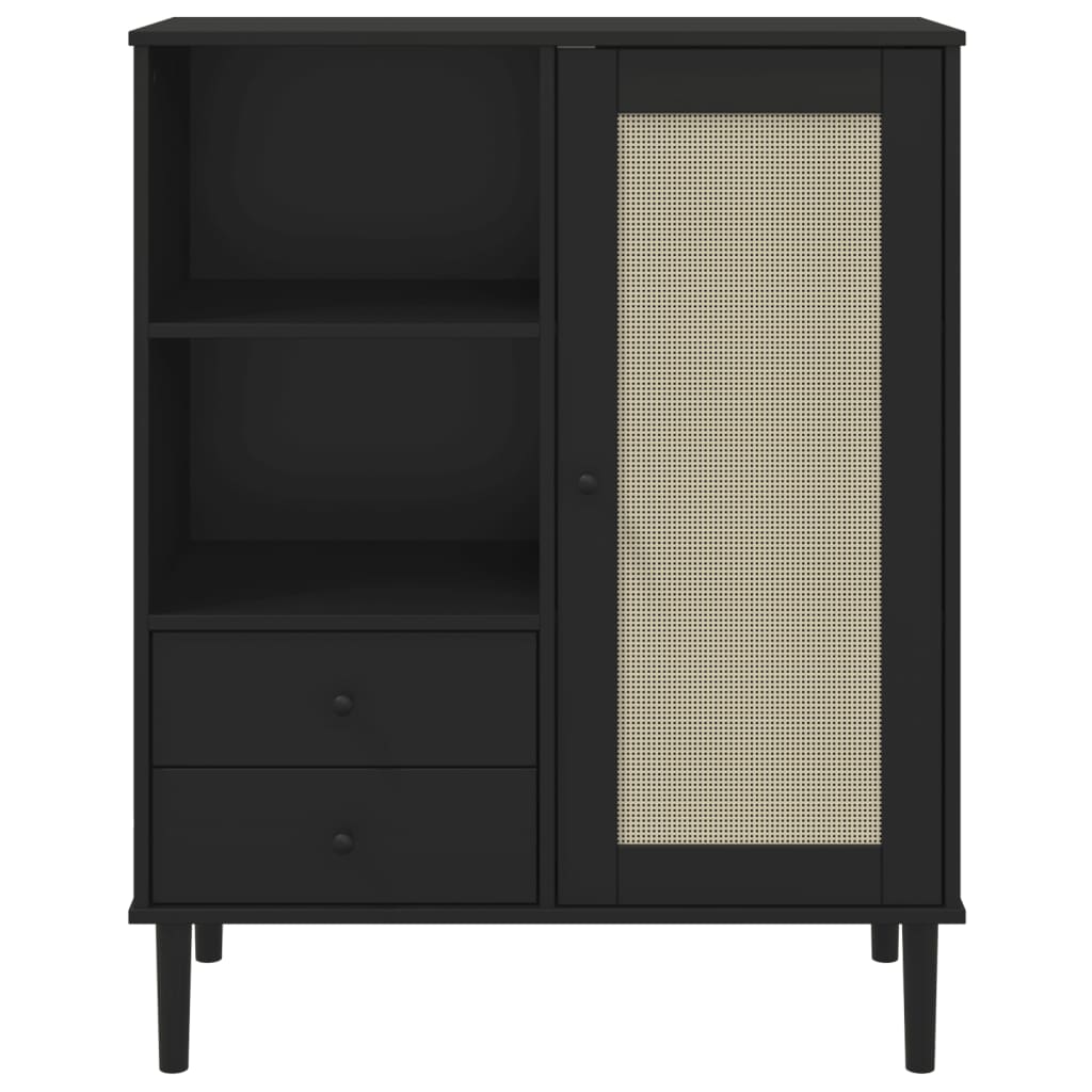 Buffet SENJA aspect rotin noir 90x40x112cm bois massif de pin