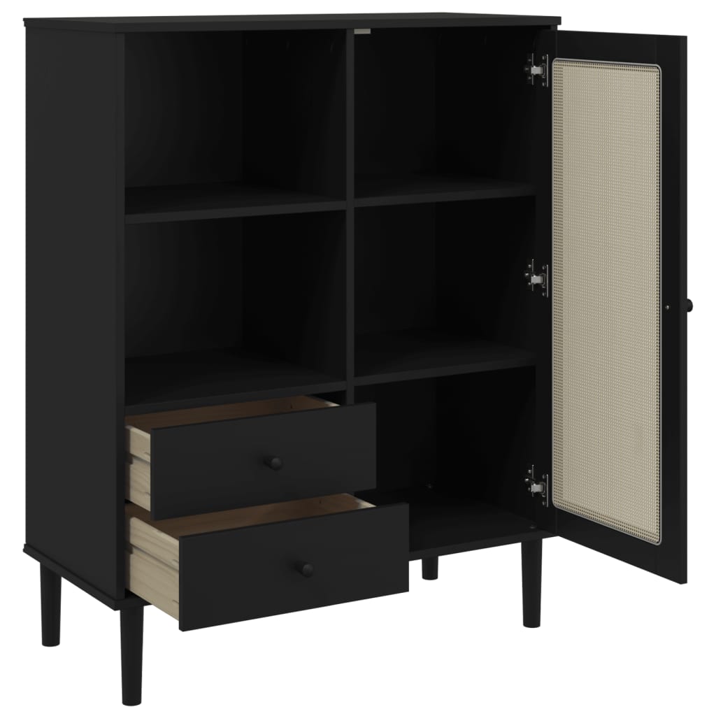 Buffet SENJA aspect rotin noir 90x40x112cm bois massif de pin