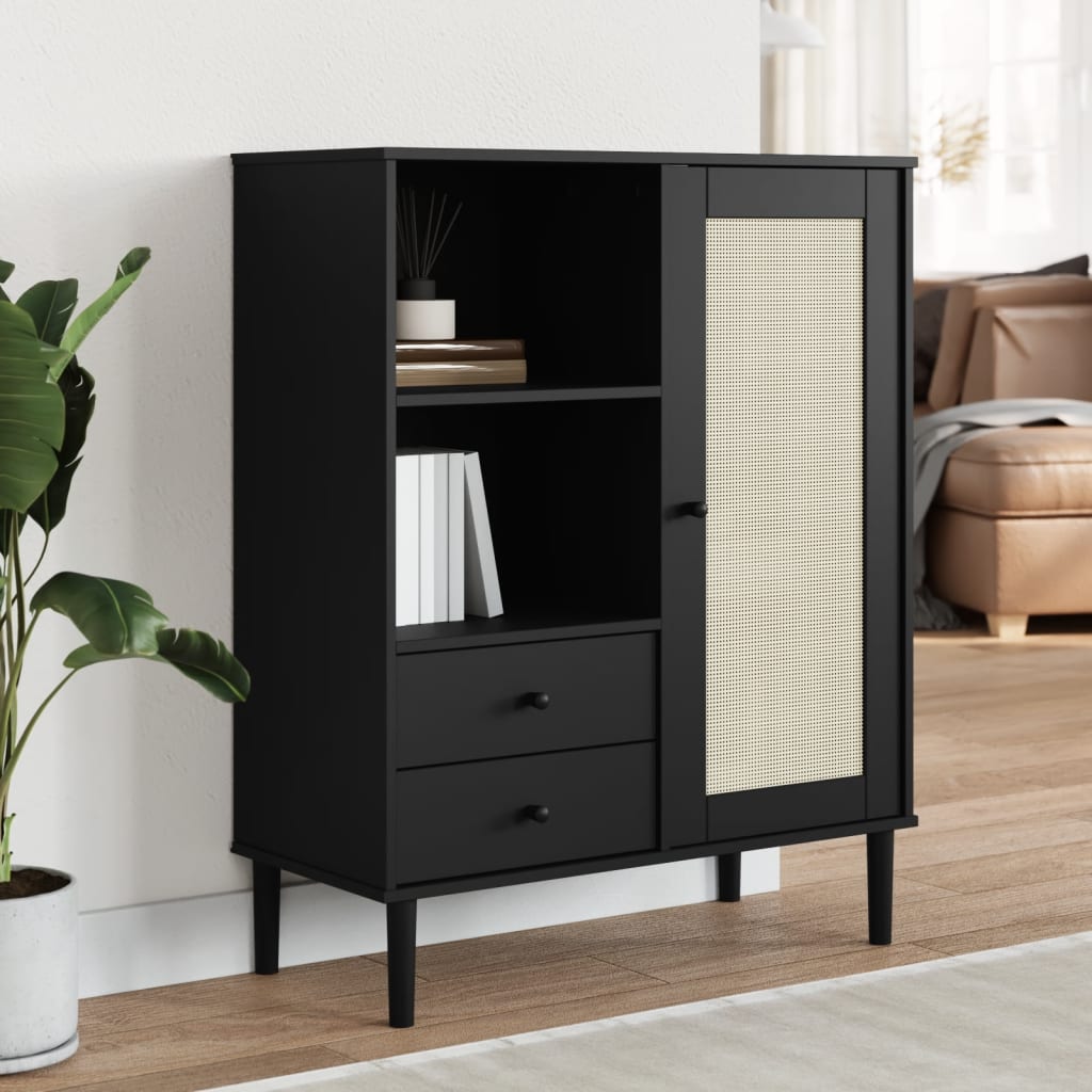 Buffet SENJA aspect rotin noir 90x40x112cm bois massif de pin