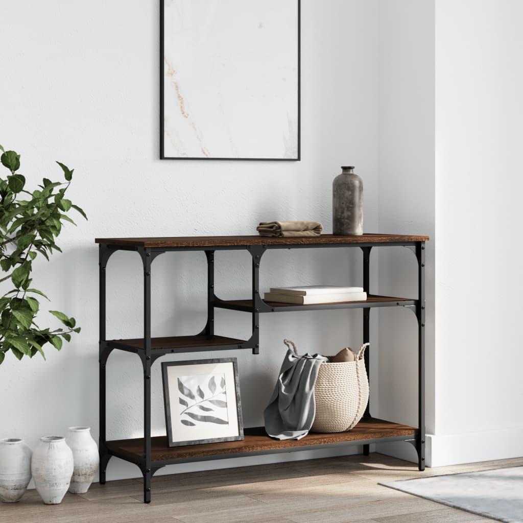 Console table with brown oak shelves 100x35x75 cm