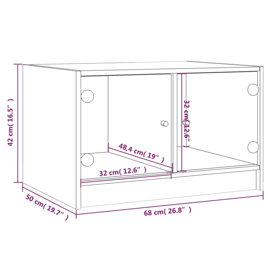 Table basse avec portes en verre chêne fumé 68x50x42 cm