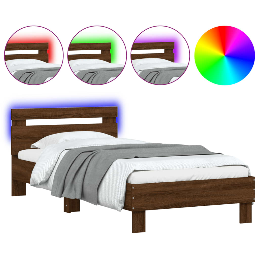 Cadre de lit tête de lit et lumières LED chêne marron 75x190 cm