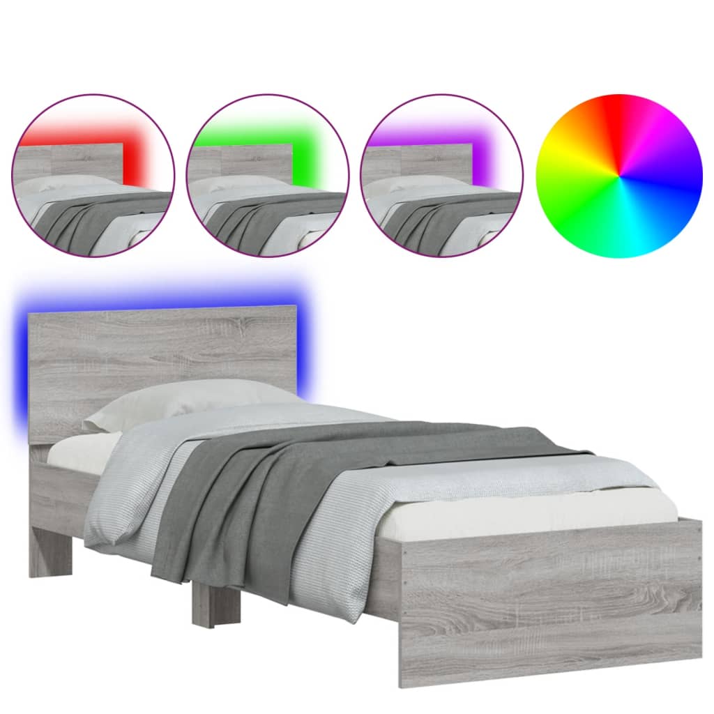 Cadre de lit tête de lit et lumières LED sonoma gris 90x200 cm