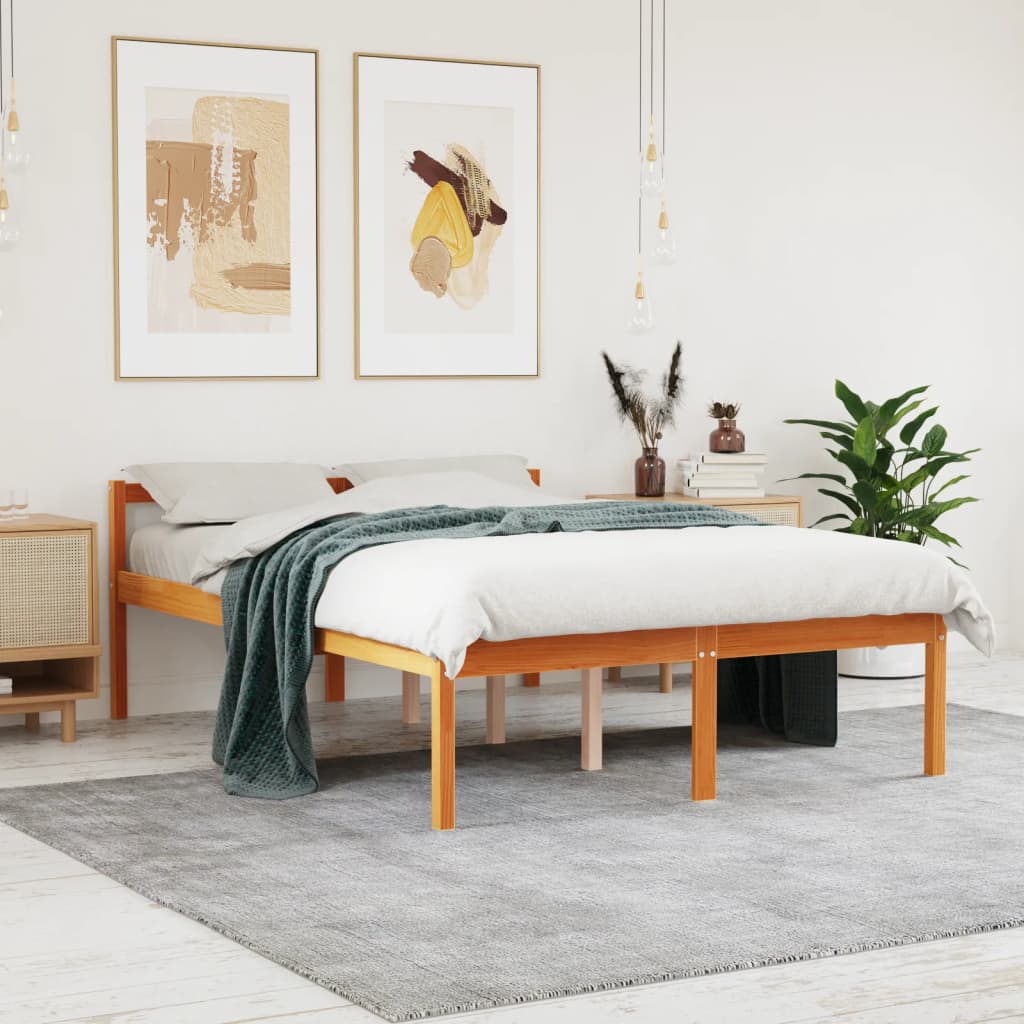 Bett für ältere Person braunes Wachs 135x190 cm Festkieferholz