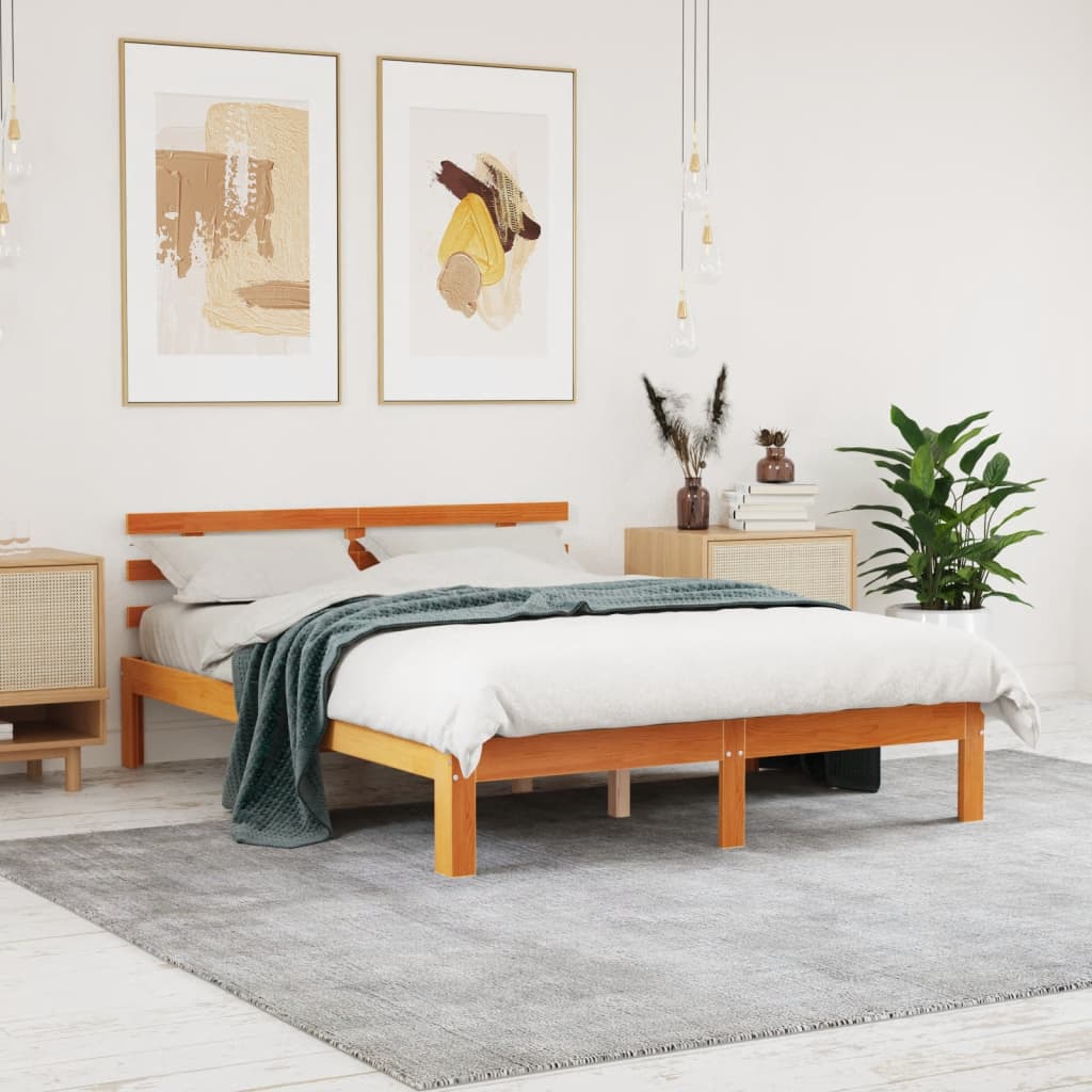 Bedroom and headboard brown wax 140x200 cm pine wood