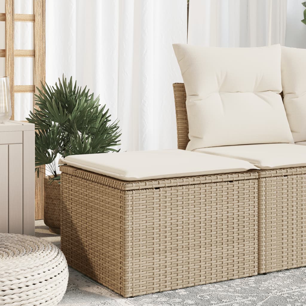 Garden stool with beige cushion 55x55x37cm braided resin