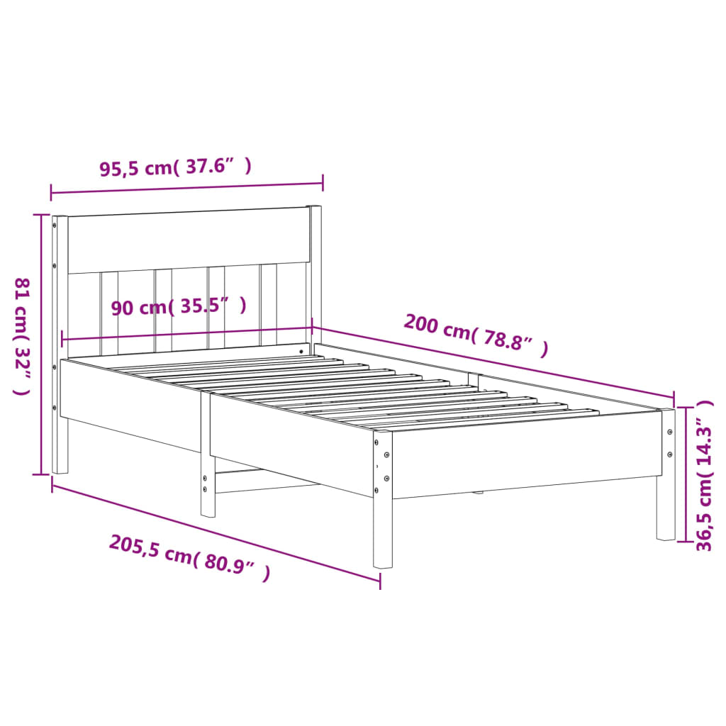 Cadre de lit avec tête de lit blanc 90x200cm bois de pin massif
